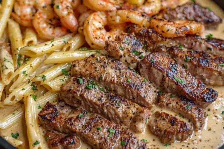 Cajun Shrimp and Steak Alfredo Pasta