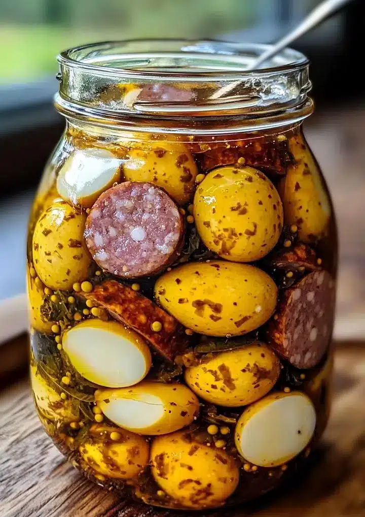 Pickled Summer Sausage with Mustard Eggs
