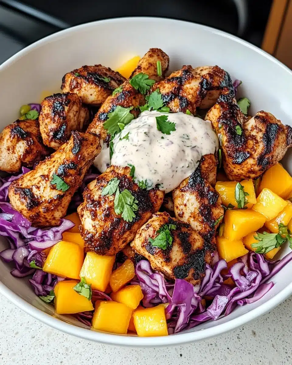 Jerk Chicken & Mango Slaw Bowls with Honey Lime Cream