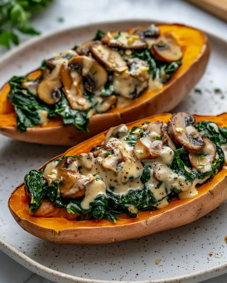 Creamy Mushroom and Spinach Stuffed Sweet Potatoes