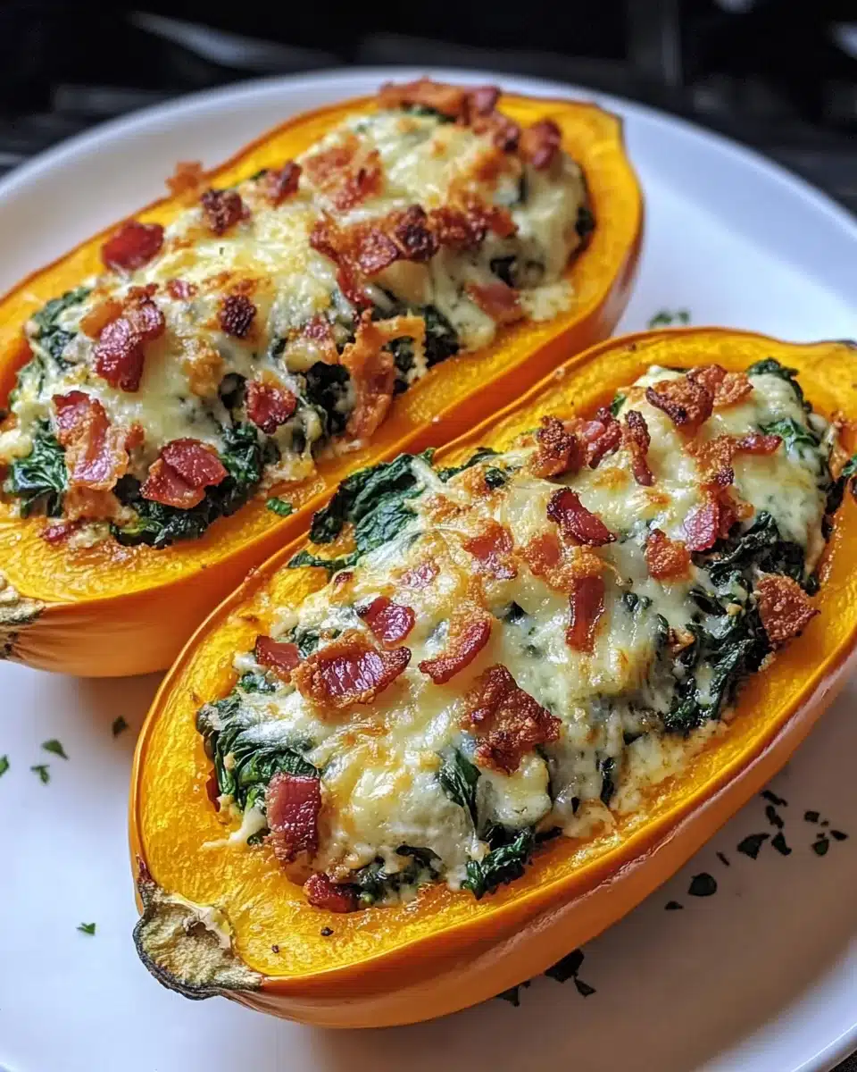 Stuffed Butternut Squash with Creamy Spinach, Bacon & Cheese