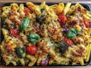 Easy Cheesy Sheet Pan Rainbow Veggie Pasta Bake