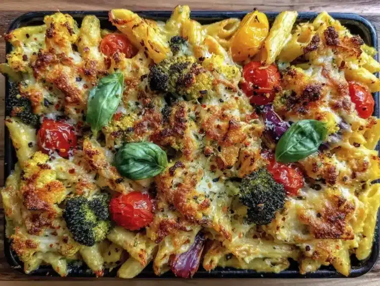 Easy Cheesy Sheet Pan Rainbow Veggie Pasta Bake