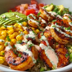 Grilled Shrimp Bowl with Avocado Corn Salsa and Creamy Sauce