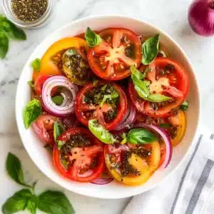 Heirloom Tomato Basil Salad with Capers Mustard Dressing