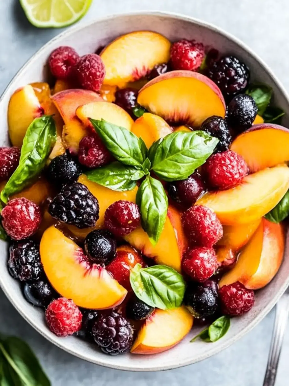 Honey Lime Basil Peach Fruit Salad