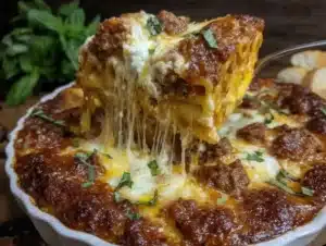 Savory Million Dollar Baked Ziti with Italian Sausage and Mozzarella Pull