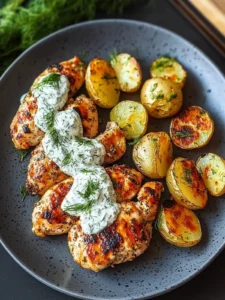 Spicy Yogurt Marinated Chicken with Dill Feta Cream & Crispy Baby Potatoes