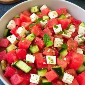 Watermelon Feta Salad with Cucumber and Mint