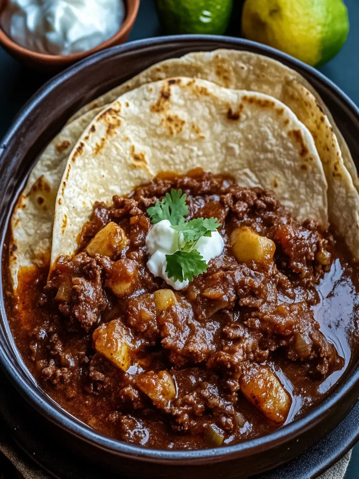 carne guisada with flour tortillas