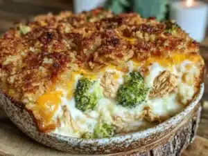 Comforting Cheesy Chicken Broccoli Rice Casserole with Ritz Crumb Topping