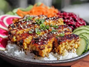 Crispy Teriyaki Tempeh Bowl with Quick Pickled Vegetables