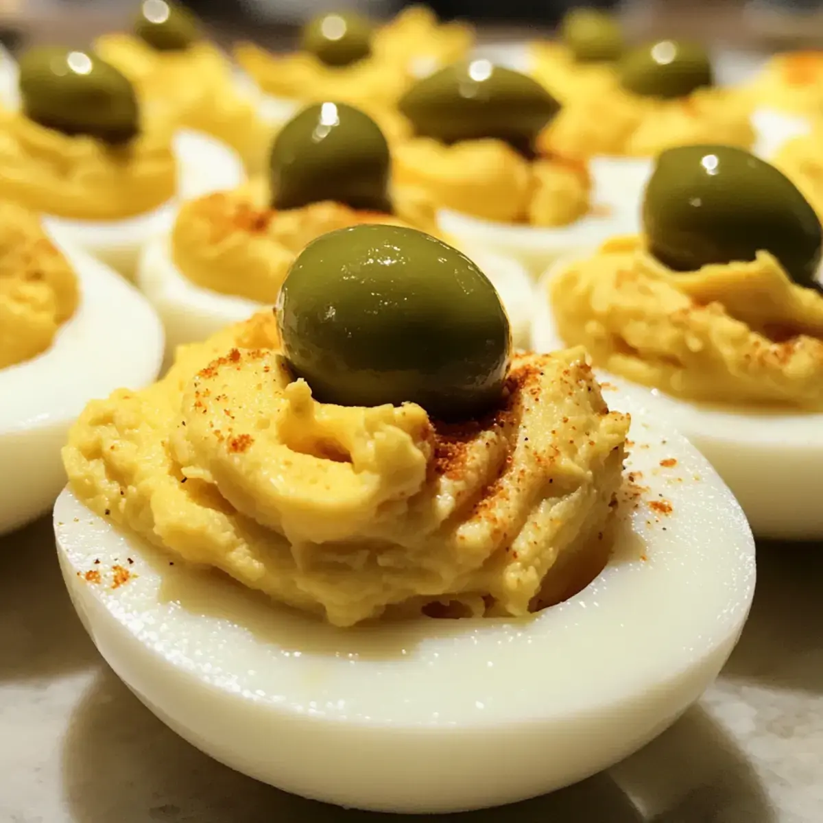 deviled eggs with green olive garnish