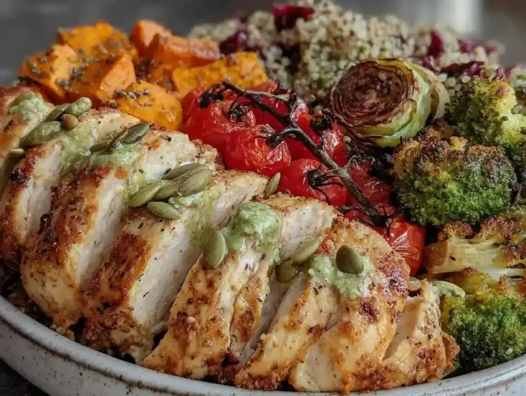 high protein chicken roasted veggie buddha bowls