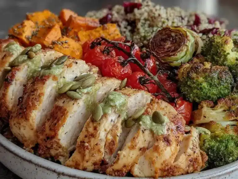 high protein chicken roasted veggie buddha bowls