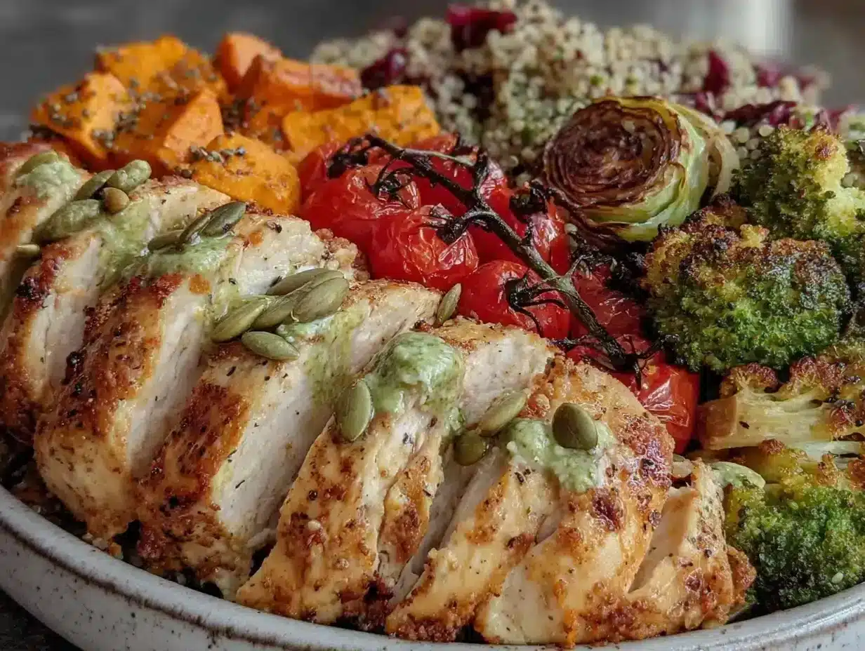 high protein chicken roasted veggie buddha bowls