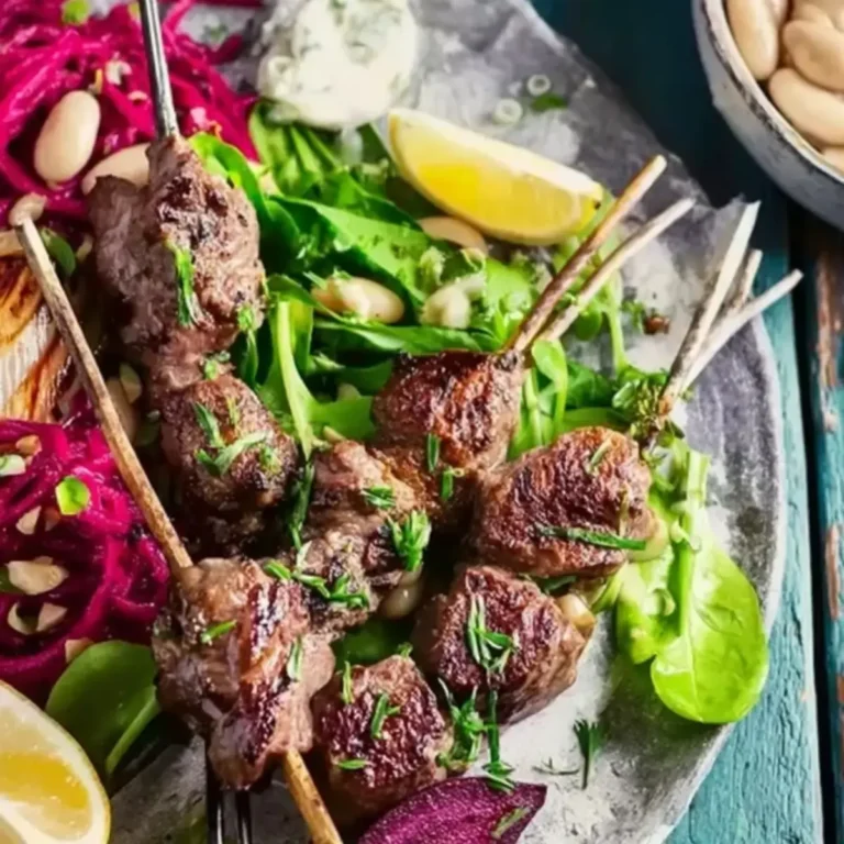 lamb skewers white beans beetroot cream