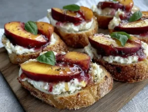 End-of-Summer Peach and Burrata Crostini with Basil Honey