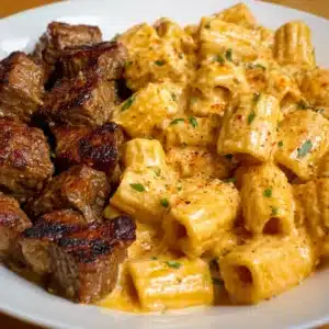 Cajun Steak Tips in Cheesy Rigatoni Parmesan Sauce