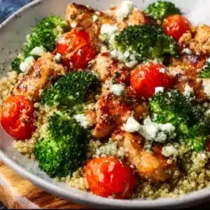 Mediterranean Chicken Quinoa Bowl with Broccoli and Tomato