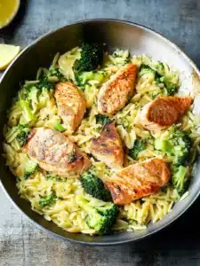 One Pot Broccoli Cheddar Salmon Orzo