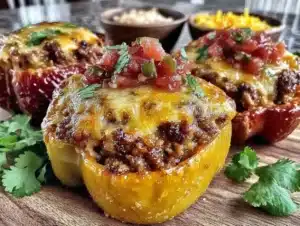 Gluten-Free Ground Beef Stuffed Bell Peppers with Salsa and Cheddar