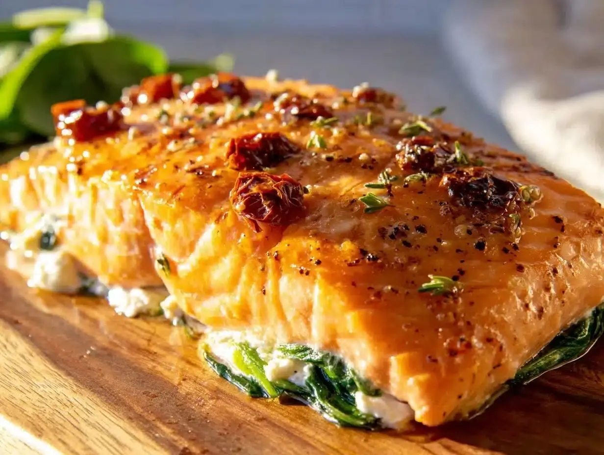 stuffed salmon with spinach cream cheese sun-dried tomatoes